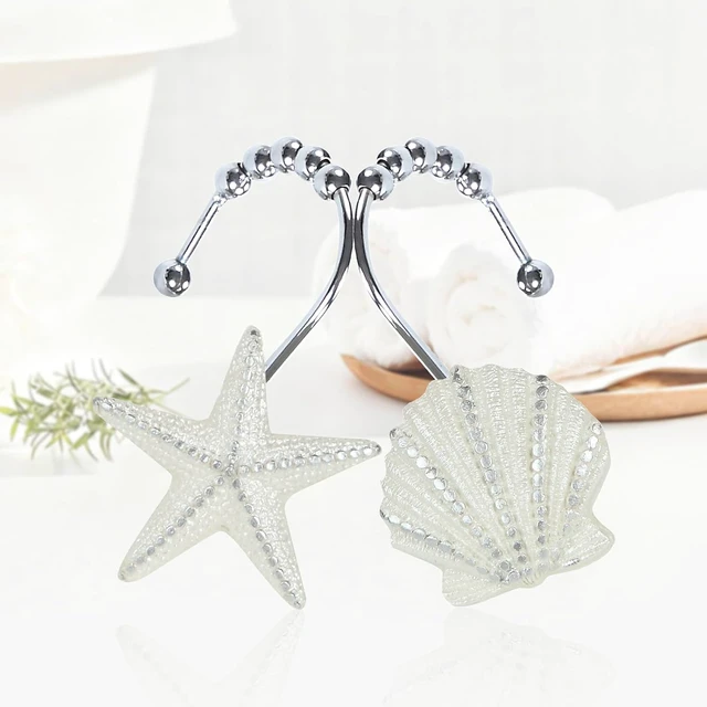 Alt view image 2 of 7 - Set of 12, HeavyDuty Seashell Nautical Shower Curtain Hooks Roller Balls