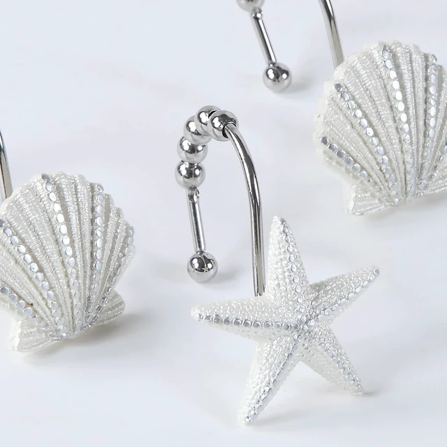 Alt view image 5 of 7 - Set of 12, HeavyDuty Seashell Nautical Shower Curtain Hooks Roller Balls