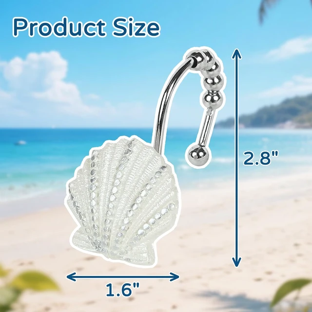 Alt view image 3 of 7 - Set of 12, HeavyDuty Seashell Nautical Shower Curtain Hooks Roller Balls
