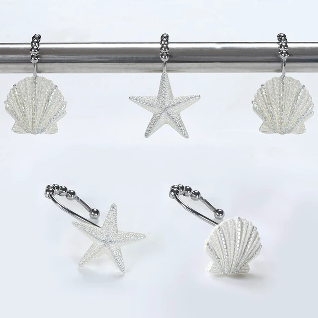 Alt view image 6 of 7 - Set of 12, HeavyDuty Seashell Nautical Shower Curtain Hooks Roller Balls