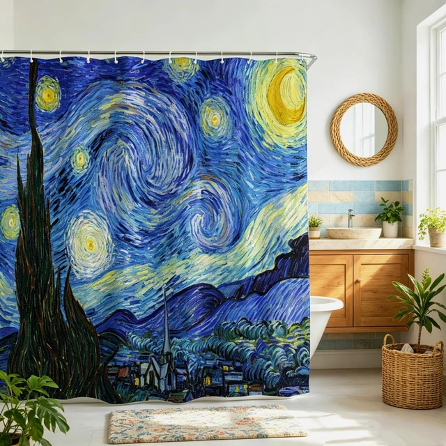 Alt view image 3 of 7 - Starry Night Shower Curtain for Bathroom V. Gogh Blue Art Curtain