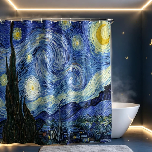 Alt view image 5 of 7 - Starry Night Shower Curtain for Bathroom V. Gogh Blue Art Curtain