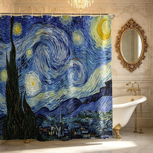 Alt view image 4 of 7 - Starry Night Shower Curtain for Bathroom V. Gogh Blue Art Curtain