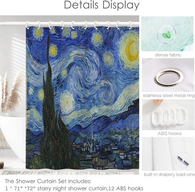 Alt view image 7 of 7 - Starry Night Shower Curtain for Bathroom V. Gogh Blue Art Curtain