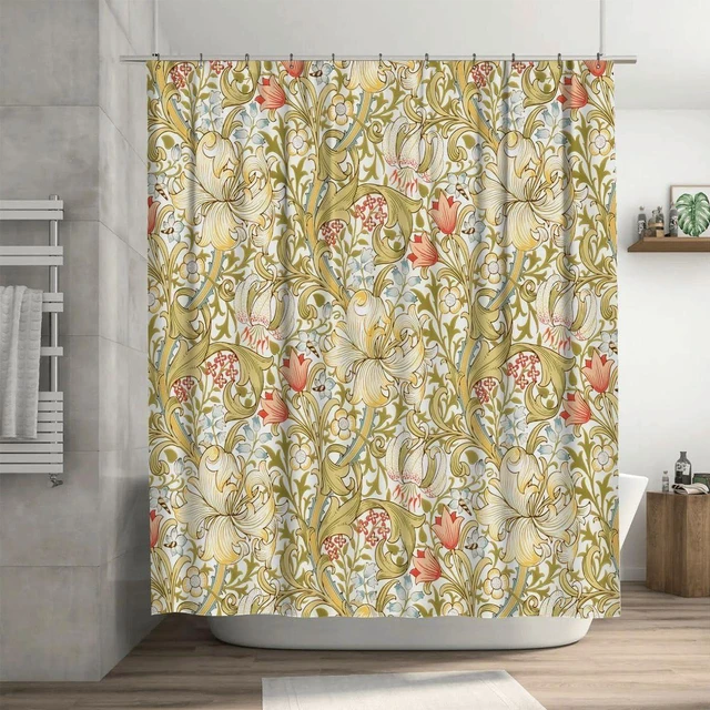 Main image of 72" Wx72 L, Lily Art Nouveau Floral Home Bathroom Bathtubs Decor Washable Durable Fabric, Bath Curtains Waterproof Polyester Fabric, William Morris Shower Curtain Set with 12 Hooks