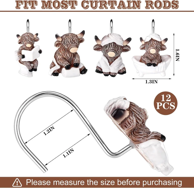 Alt view image 2 of 7 - 12 Pcs 4 Style Highland Cow Shower Curtain Hooks Rustic Farmhouse Western Decorative Shower Hooks Resin Metal Double Material No-Rust Sliding Curtain Rings for Bathroom Decor for Cow Lovers