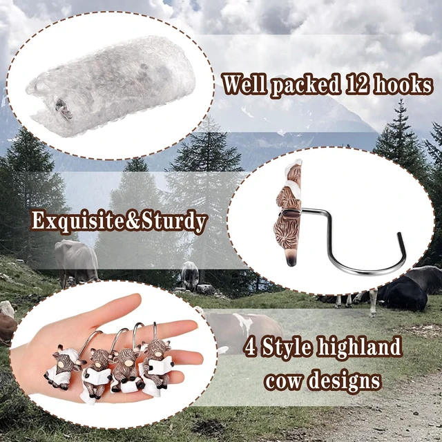 Alt view image 3 of 7 - 12 Pcs 4 Style Highland Cow Shower Curtain Hooks Rustic Farmhouse Western Decorative Shower Hooks Resin Metal Double Material No-Rust Sliding Curtain Rings for Bathroom Decor for Cow Lovers
