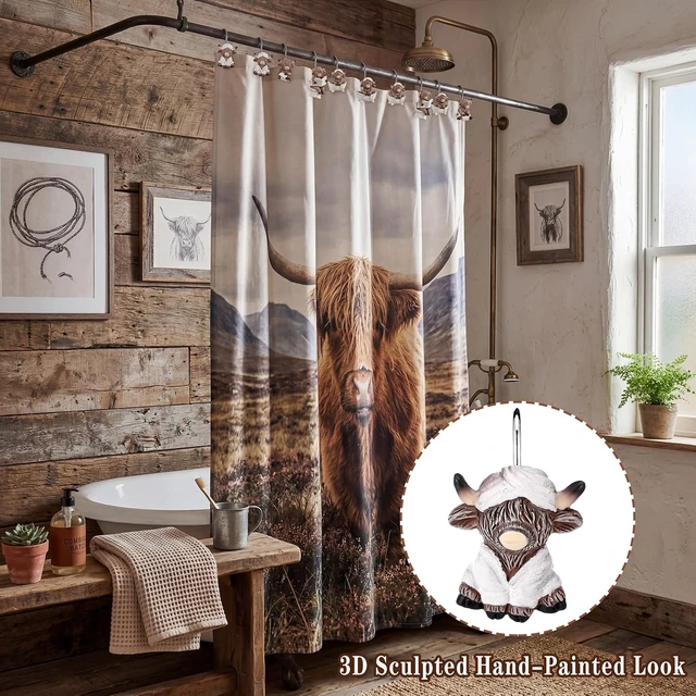 Alt view image 4 of 7 - 12 Pcs 4 Style Highland Cow Shower Curtain Hooks Rustic Farmhouse Western Decorative Shower Hooks Resin Metal Double Material No-Rust Sliding Curtain Rings for Bathroom Decor for Cow Lovers