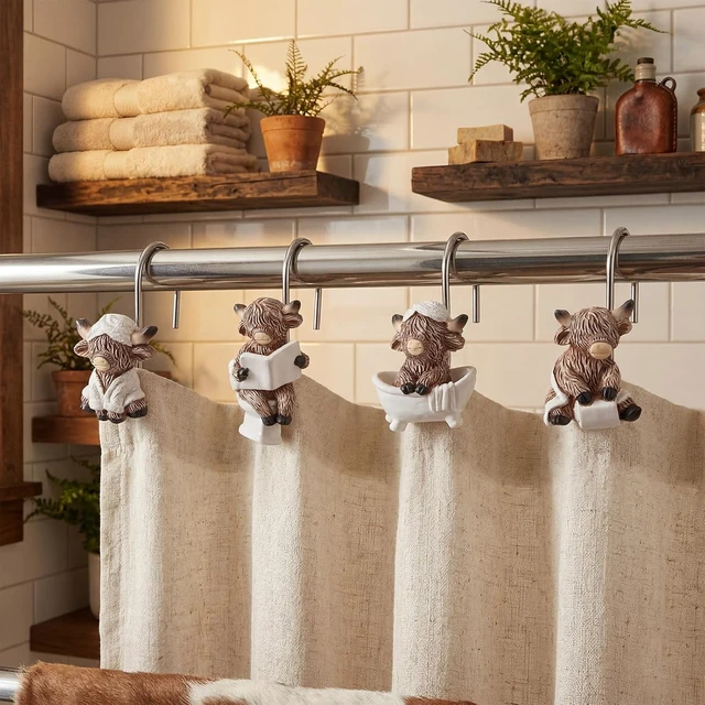 Alt view image 6 of 7 - 12 Pcs 4 Style Highland Cow Shower Curtain Hooks Rustic Farmhouse Western Decorative Shower Hooks Resin Metal Double Material No-Rust Sliding Curtain Rings for Bathroom Decor for Cow Lovers