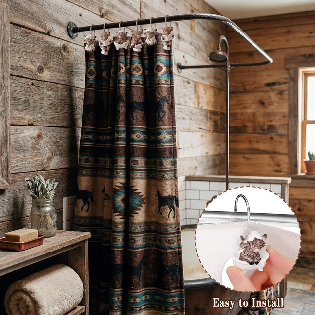 Alt view image 7 of 7 - 12 Pcs 4 Style Highland Cow Shower Curtain Hooks Rustic Farmhouse Western Decorative Shower Hooks Resin Metal Double Material No-Rust Sliding Curtain Rings for Bathroom Decor for Cow Lovers