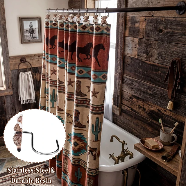 Alt view image 5 of 7 - 12 Pcs 4 Style Highland Cow Shower Curtain Hooks Rustic Farmhouse Western Decorative Shower Hooks Resin Metal Double Material No-Rust Sliding Curtain Rings for Bathroom Decor for Cow Lovers