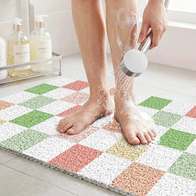 Alt view image 2 of 7 - Multicoloured Checkered, Home, Floor, Tub, Hotel, Kitchen, Soft Trimmable PVC Loofah Massage Bathmat for Shower, Quick Drying Mats with Drain Hole, Non Slip Loofah Shower Mat 32"x16"