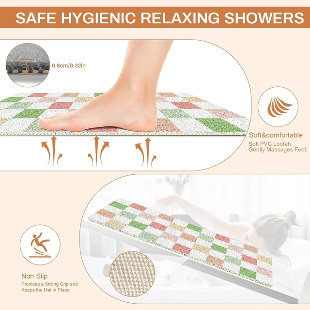 Alt view image 3 of 7 - Multicoloured Checkered, Home, Floor, Tub, Hotel, Kitchen, Soft Trimmable PVC Loofah Massage Bathmat for Shower, Quick Drying Mats with Drain Hole, Non Slip Loofah Shower Mat 32"x16"