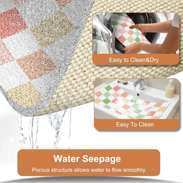 Alt view image 4 of 7 - Multicoloured Checkered, Home, Floor, Tub, Hotel, Kitchen, Soft Trimmable PVC Loofah Massage Bathmat for Shower, Quick Drying Mats with Drain Hole, Non Slip Loofah Shower Mat 32"x16"