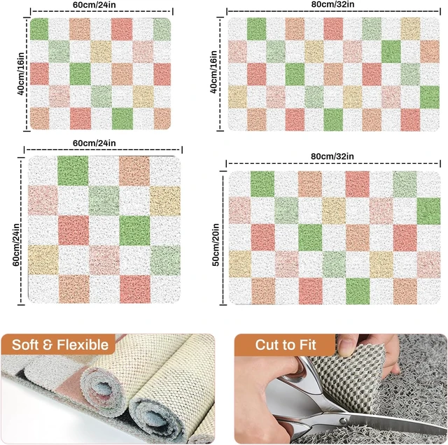 Alt view image 6 of 7 - Multicoloured Checkered, Home, Floor, Tub, Hotel, Kitchen, Soft Trimmable PVC Loofah Massage Bathmat for Shower, Quick Drying Mats with Drain Hole, Non Slip Loofah Shower Mat 32"x16"
