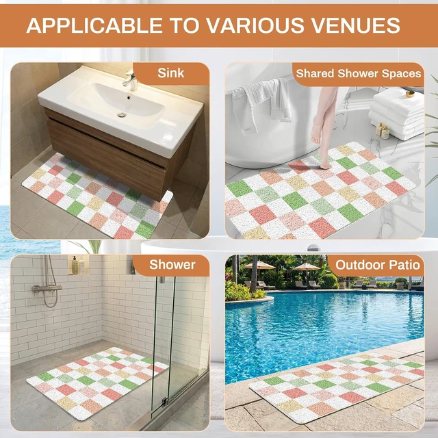 Alt view image 7 of 7 - Multicoloured Checkered, Home, Floor, Tub, Hotel, Kitchen, Soft Trimmable PVC Loofah Massage Bathmat for Shower, Quick Drying Mats with Drain Hole, Non Slip Loofah Shower Mat 32"x16"