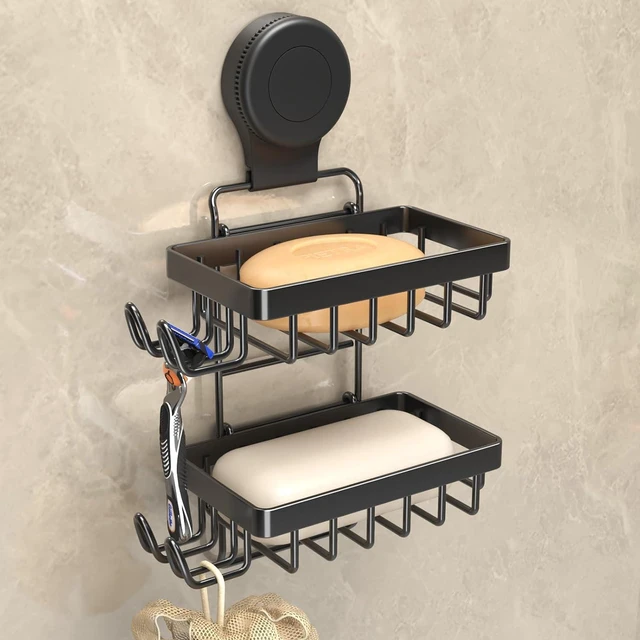 Main image of 2-Tier), Drill-Free (Black, Kitchen, Rustproof Stainless Steel Sponge Holder for Tub, Draining Soap Saver Tray for Bathroom, Bar Shampoo Rack for Shower Wall, Soap Holder Bar Dish Suction Cup