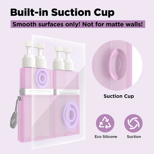 Alt view image 3 of 7 - Lotion.(Pink), Body Wash, Conditioner, TSA Approved Refillable Travel Size Toiletries Bottles Set with Suction Cup for Smooth Walls - for Shampoo, 4 in 1 Travel Toiletry Containers