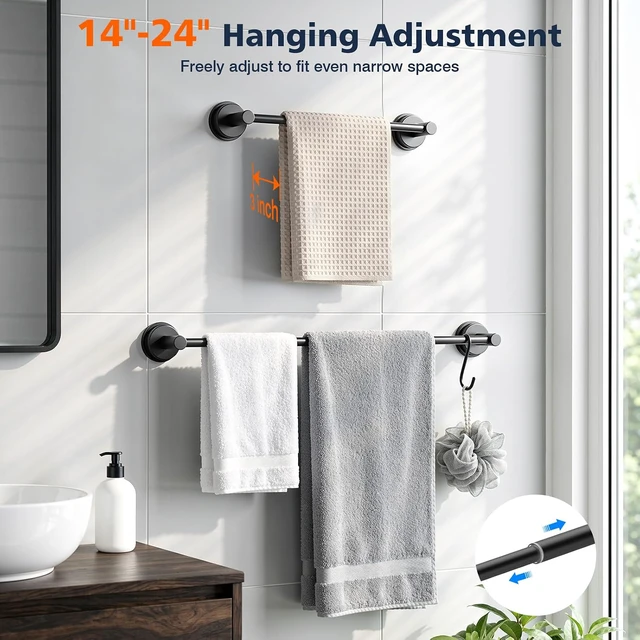 Alt view image 3 of 7 - Black, Towel Rack 14-24 inch, Suction Cup Towel Bar No-Drill