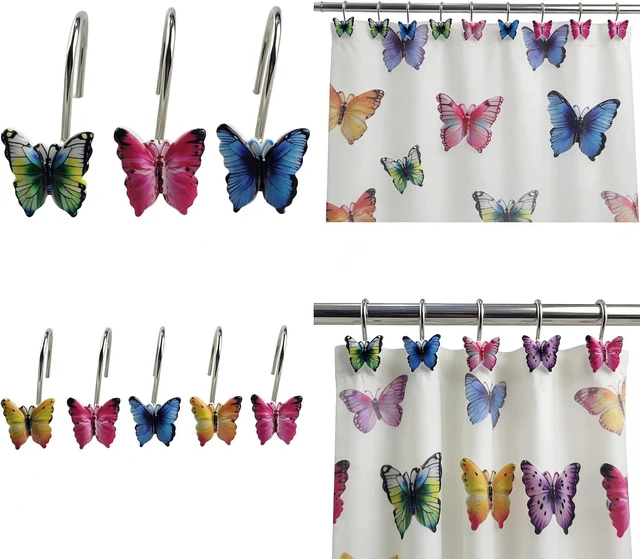 Main image of Colourful Butterfly Curtain Rings Pack of 12, Two Fish Home Fashions Set of 12 Decorative Colourful Butterfly Shower Curtain Hooks