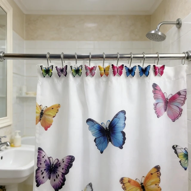 Alt view image 7 of 7 - Colourful Butterfly Curtain Rings Pack of 12, Two Fish Home Fashions Set of 12 Decorative Colourful Butterfly Shower Curtain Hooks