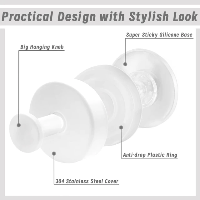 Alt view image 3 of 7 - White), Waterproof Hooks Mounting on Glass Doors Tile Mirrors(4 Pack, Loofah, Robes, Kitchen to Hang Towels, Bathroom, Suction Cup Hooks No Drill Hooks Stainless Steel Hanging Hooks for Shower