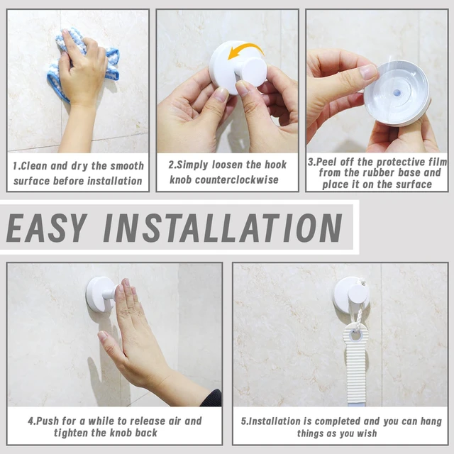 Alt view image 4 of 7 - White), Waterproof Hooks Mounting on Glass Doors Tile Mirrors(4 Pack, Loofah, Robes, Kitchen to Hang Towels, Bathroom, Suction Cup Hooks No Drill Hooks Stainless Steel Hanging Hooks for Shower