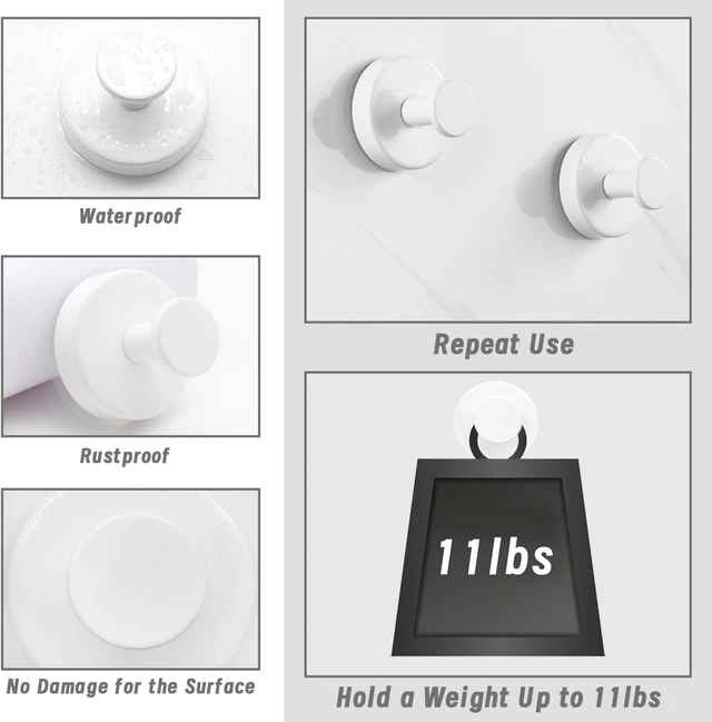 Alt view image 5 of 7 - White), Waterproof Hooks Mounting on Glass Doors Tile Mirrors(4 Pack, Loofah, Robes, Kitchen to Hang Towels, Bathroom, Suction Cup Hooks No Drill Hooks Stainless Steel Hanging Hooks for Shower