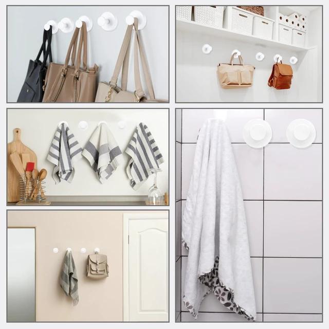 Alt view image 7 of 7 - White), Waterproof Hooks Mounting on Glass Doors Tile Mirrors(4 Pack, Loofah, Robes, Kitchen to Hang Towels, Bathroom, Suction Cup Hooks No Drill Hooks Stainless Steel Hanging Hooks for Shower