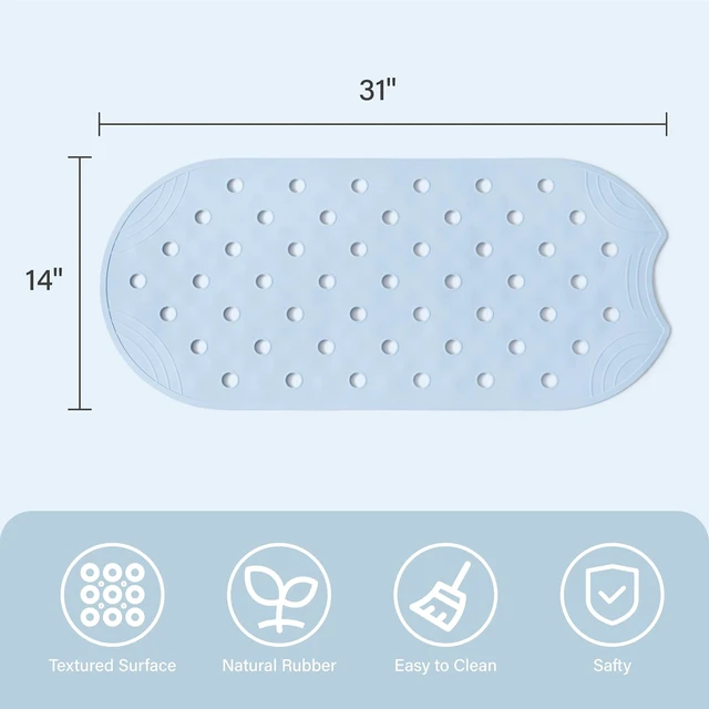 Alt view image 5 of 7 - Light Blue, Bath Tub Floor Mat with Suction Cups and Drainage Holes, 31x14 Inch, Rubber Bathtub Mat Shower Mat Non-Slip