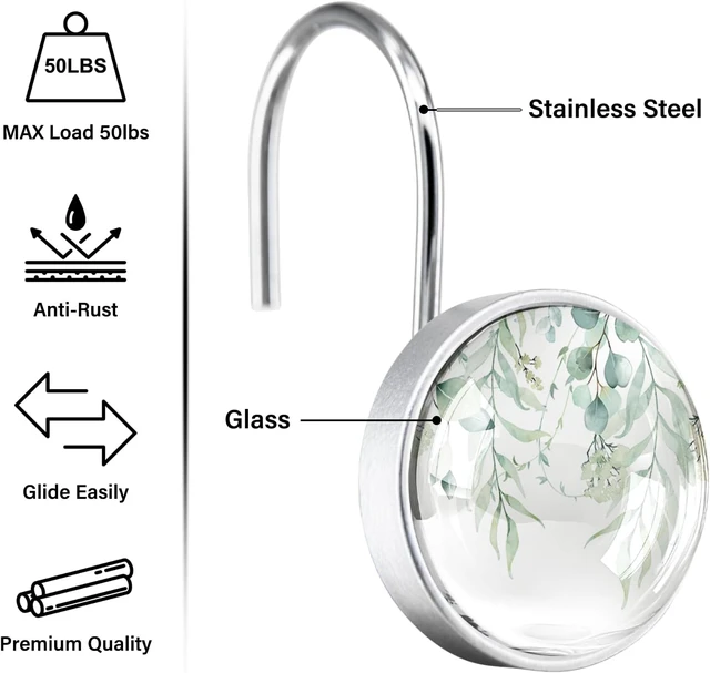 Alt view image 2 of 6 - Boho Bathroom Decor, 12 Pcs Sage Green Eucalyptus Shower Curtain Hooks