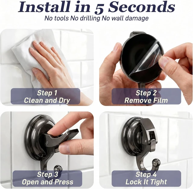 Alt view image 6 of 7 - 6 Pack, Gun Silver, Super Suction, Heavy Duty Vacuum Suction Cup Hooks