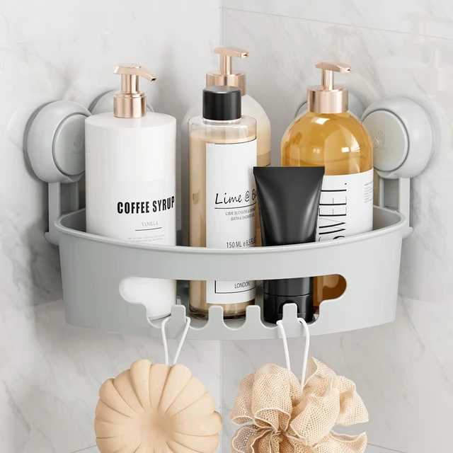 Main image of Grey, Wall Organizer Plastic Rack, Corner Shower Caddy Suction Cups