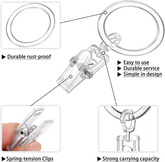 Alt view image 4 of 7 - 30 mm(Clear), 30 Pieces Plastic Curtain Rings with 30 Piece Clips Shower Curtain Rod Clip Rings