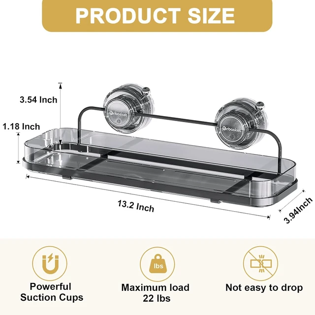 Alt view image 4 of 7 - Black, Removable Shelves for Inside the Shower, Wall Mounted No Drilling Bathroom Shower Organizers Storage Rack, Suction Cup Shower Caddy