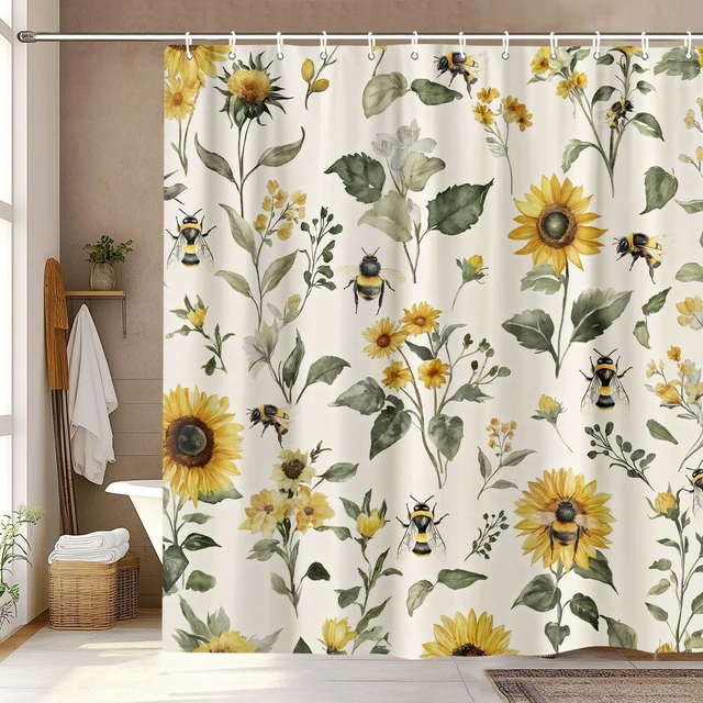 Alt view image 2 of 7 - Beige Yellow Bath Curtain 60X72 Inch, Vintage Chic Country Floral Botanical Floral Plant Farmhouse Cottagecore Aesthetic Shower Curtain Set with Hook, Rustic Boho Sunflowers Bee Shower Curtain