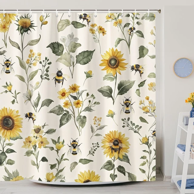Alt view image 5 of 7 - Beige Yellow Bath Curtain 60X72 Inch, Vintage Chic Country Floral Botanical Floral Plant Farmhouse Cottagecore Aesthetic Shower Curtain Set with Hook, Rustic Boho Sunflowers Bee Shower Curtain