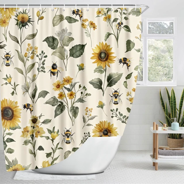Alt view image 3 of 7 - Beige Yellow Bath Curtain 60X72 Inch, Vintage Chic Country Floral Botanical Floral Plant Farmhouse Cottagecore Aesthetic Shower Curtain Set with Hook, Rustic Boho Sunflowers Bee Shower Curtain