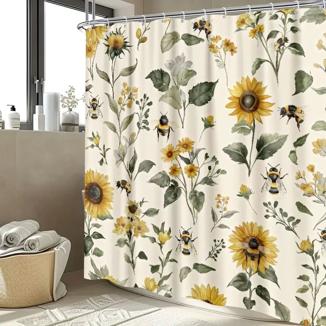 Alt view image 4 of 7 - Beige Yellow Bath Curtain 60X72 Inch, Vintage Chic Country Floral Botanical Floral Plant Farmhouse Cottagecore Aesthetic Shower Curtain Set with Hook, Rustic Boho Sunflowers Bee Shower Curtain