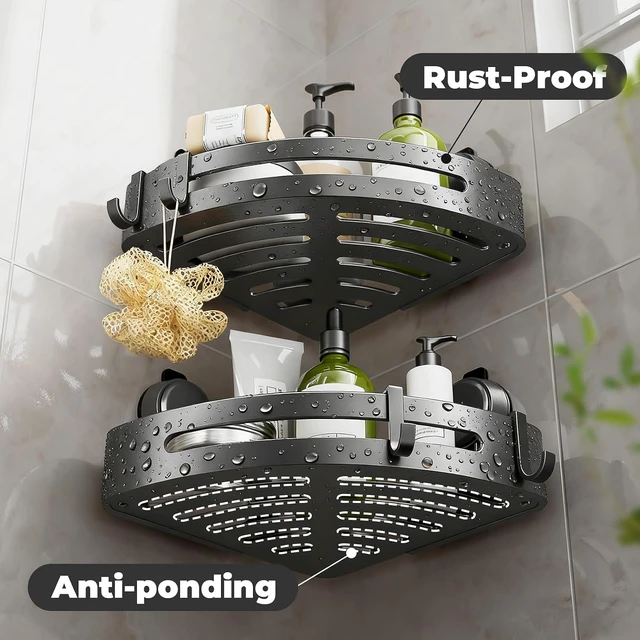 Alt view image 5 of 7 - Removable Waterproof Rustproof Shower Shelf Bathroom Decor(1), No Drilling Powerful Upgrade Suction Bathroom Corner Organizers and Storage, Shower Shelves with Hooks, Corner Shower Caddy Suction Cup
