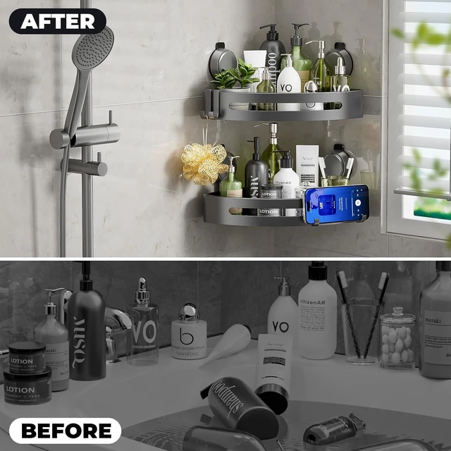 Alt view image 3 of 7 - Removable Waterproof Rustproof Shower Shelf Bathroom Decor(1), No Drilling Powerful Upgrade Suction Bathroom Corner Organizers and Storage, Shower Shelves with Hooks, Corner Shower Caddy Suction Cup