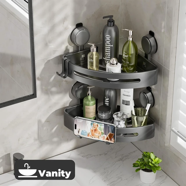 Alt view image 6 of 7 - Removable Waterproof Rustproof Shower Shelf Bathroom Decor(1), No Drilling Powerful Upgrade Suction Bathroom Corner Organizers and Storage, Shower Shelves with Hooks, Corner Shower Caddy Suction Cup