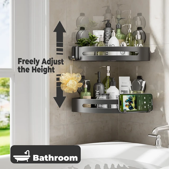 Alt view image 7 of 7 - Removable Waterproof Rustproof Shower Shelf Bathroom Decor(1), No Drilling Powerful Upgrade Suction Bathroom Corner Organizers and Storage, Shower Shelves with Hooks, Corner Shower Caddy Suction Cup