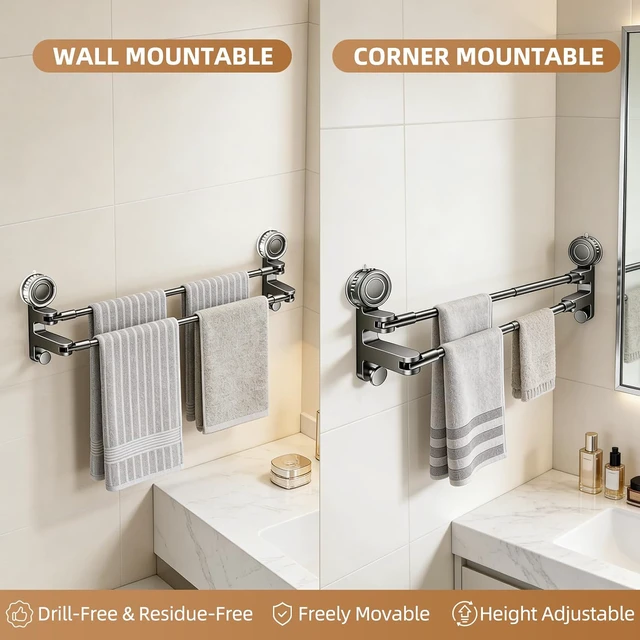 Alt view image 4 of 7 - 1-Tier, 20-34", Grey, Adjustable Suction Cup Towel Bar