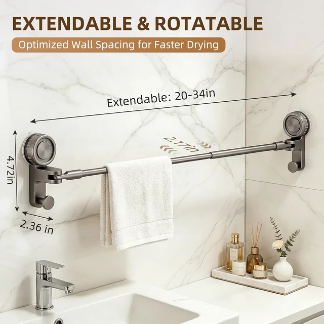 Alt view image 2 of 7 - 1-Tier, 20-34", Grey, Adjustable Suction Cup Towel Bar