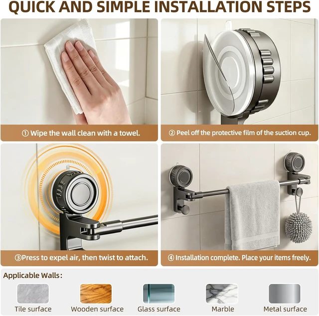 Alt view image 6 of 7 - 1-Tier, 20-34", Grey, Adjustable Suction Cup Towel Bar