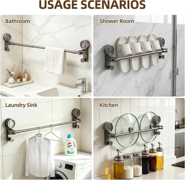 Alt view image 7 of 7 - 1-Tier, 20-34", Grey, Adjustable Suction Cup Towel Bar