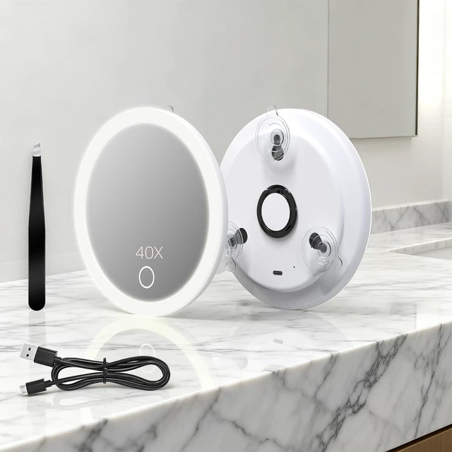 Main image of Rechargeable, 3 Suction Cups, 40X Travel Magnifying Makeup Mirror with Lights