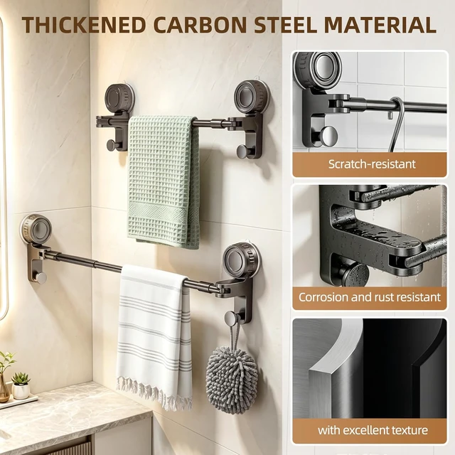 Alt view image 5 of 7 - 1-Tier, 20-34", Grey, Adjustable Suction Cup Towel Bar