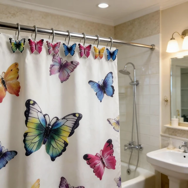 Alt view image 2 of 7 - Colourful Butterfly Curtain Rings Pack of 12, Two Fish Home Fashions Set of 12 Decorative Colourful Butterfly Shower Curtain Hooks